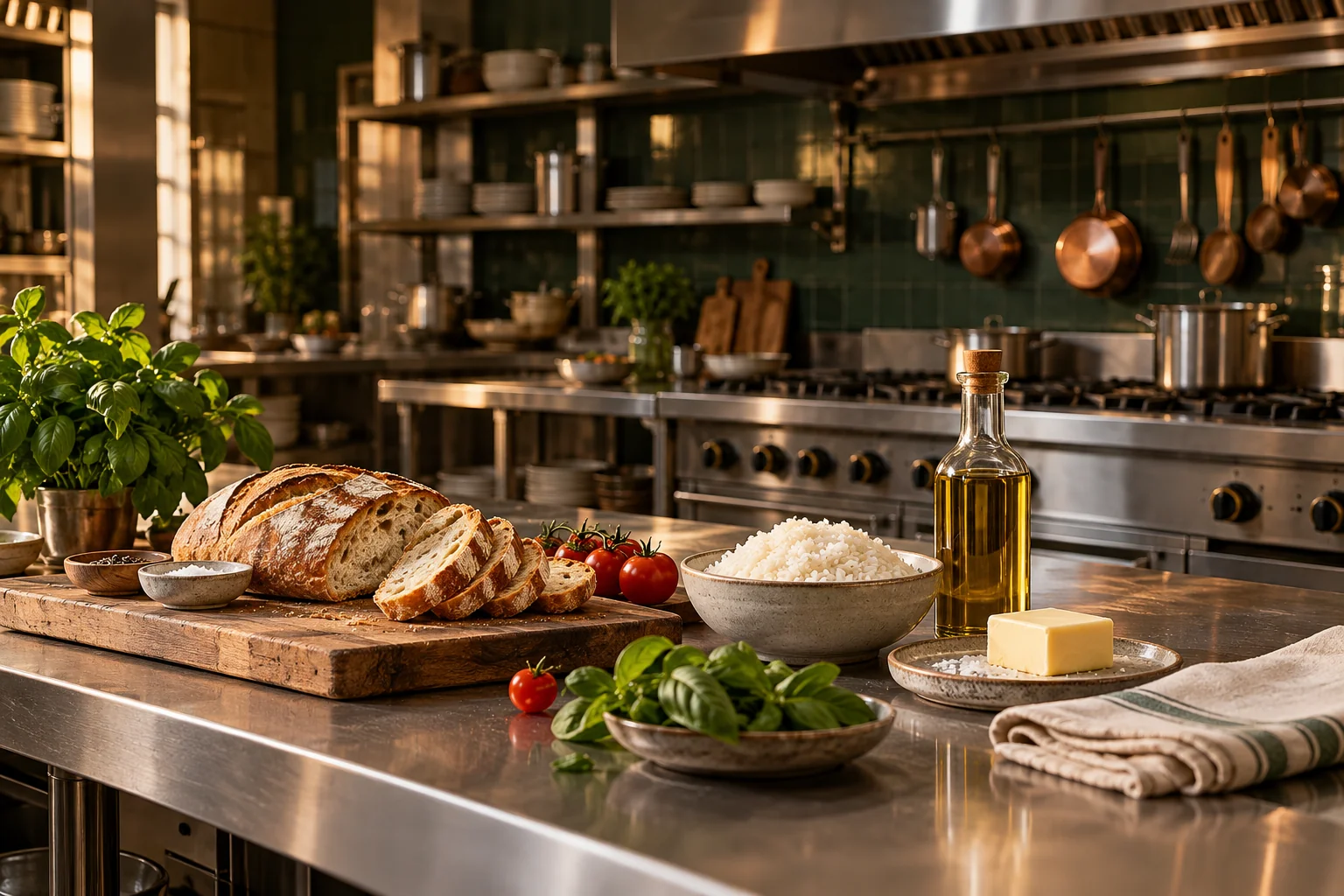 Illustrative ingredients on a commercial kitchen preparation counter